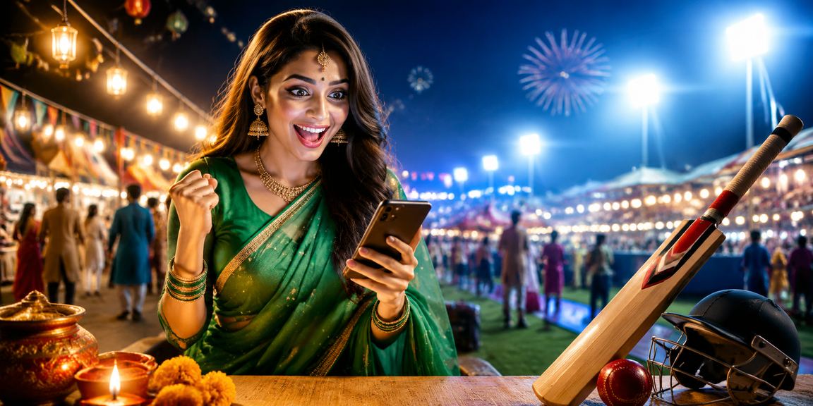 Cricket betting excitement shown on a mobile player in traditional Indian attire